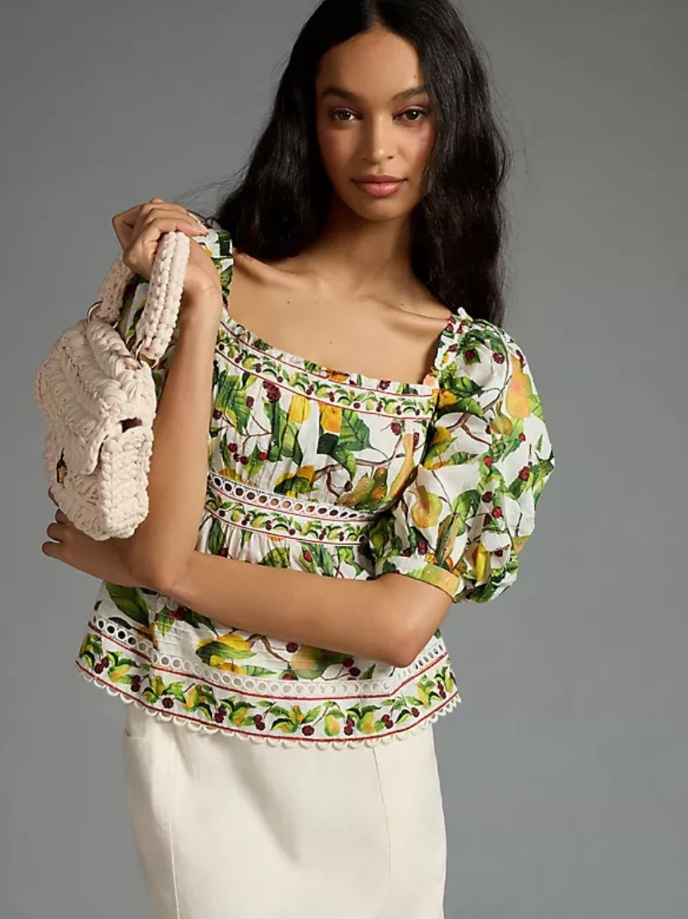 Farm Rio x Anthropologie Puff Sleeve lemon fruit print blouse XL NWOT